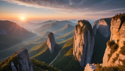 Beautiful view over top of mountains and cliffs in sunrise, landscape