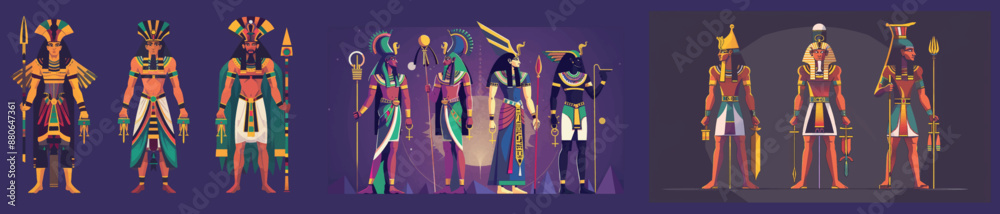 Wall mural the ancient egyptian gods anubis, ra, amon and osiris held divine attributes of power such as scales