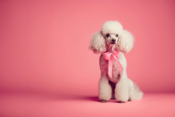 Studio shot of a white elegant poodle with a pink ribbon. Space for copy