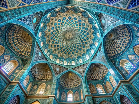 Intricately ornate arabesque patterns and brilliant turquoise tiles adorn the majestic dome ceiling of a serene and tranquil ancient Islamic mosque architectural wonder.
