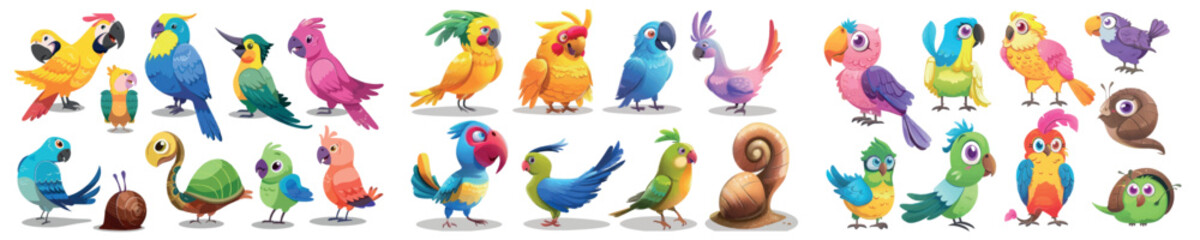 Tropical animals and pets with colorful beaks, wings, and tales of parrots. Cartoon modern set of colorful and friendly exotic birds.