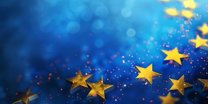 Golden stars on a blue background, symbolizing European theme with a festive touch and vibrant colors. Perfect for celebratory designs concept
