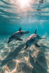 Obraz premium Two Playful Dolphins Frolicking in Shallow Sunlight