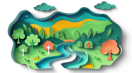 Naklejka premium A paper cutout of a forest with a river running through it
