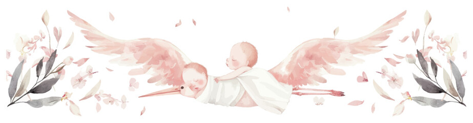 The watercolor illustration shows a newborn girl and boy in a stork.