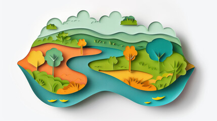 A paper cutout of a landscape with a river and trees