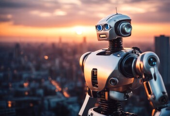 Fototapeta premium a robot observing sunset city gazing standing tall vista breathtaking background
