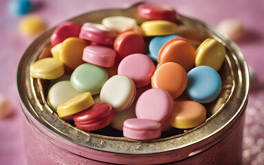 Candy Lozenges, pastel-coloured, in a vintage tin, chic candy shop, soft ambient light