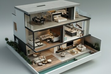model of a modern 2-level flat interior side cut, top view, all furniture, modern design style