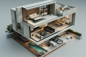 model of a modern 2-level flat interior side cut, top view, all furniture, modern design style