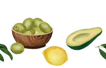 Seamless border with lemon, avocado and bowl with green olives. Watercolor illustration on white background. For cards, design, textile, fabric