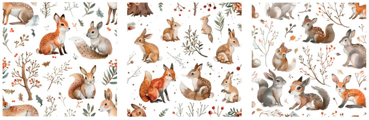 Pattern with watercolor Christmas woodland animals for winter holidays