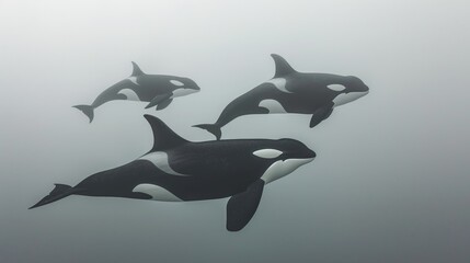 Obraz premium A family of orca whales swim underwater. Wild underwater world concept