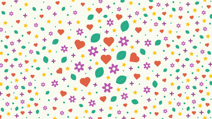 Floral, heart, star, plus, and dot shapes with seamless patterns. Colorful vector design.