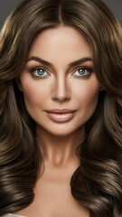 Naklejka premium Beauty female face. Beautiful brunette woman, portrait close up. Portrait of Beauty woman with blue eyes. Beauty face.