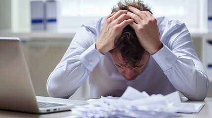 Stress, burnout, and deadline concept. Frustrated and tired businessman with mental health overworked, looking depressed after a bad business meeting or financial plan go down the hill.