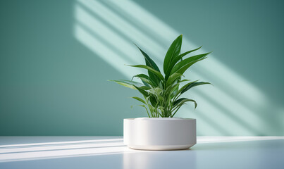 A white sculpture product base with a green plant in it
