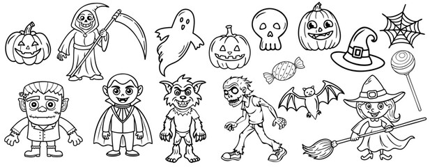 set of doodle Halloween elements, cute characters on a white background
