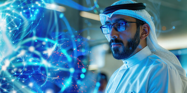 Arab scientist working with holographic projection of neural network