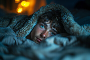 Young man lying in bed with eyes wide open, surrounded by darkness and silence, unable to sleep due to the fear of missing out on social events and opportunities