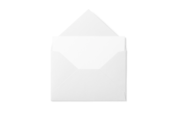 Opened paper envelope mockup with paper sheet isolated on a transparent background, PNG. High resolution.
