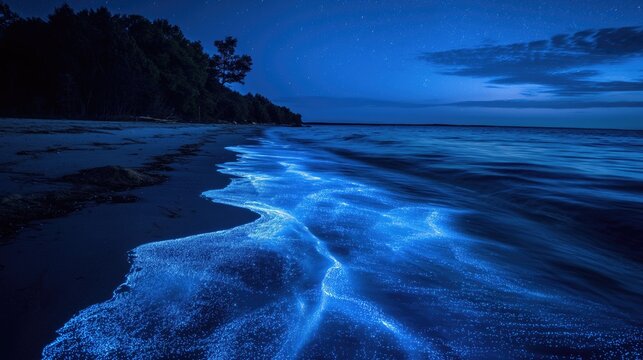 Tropical beach at night with glowing blue bioluminescent phytoplankton