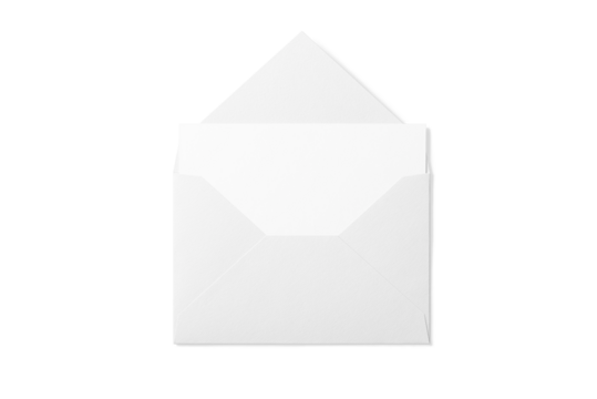 Opened paper envelope mockup with paper sheet isolated on a transparent background, PNG. High resolution.
