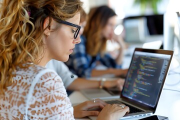 Blond-haired Woman Demonstrating Coding Skills at Workshop Empowering Women in Tech in Diverse Modern Space