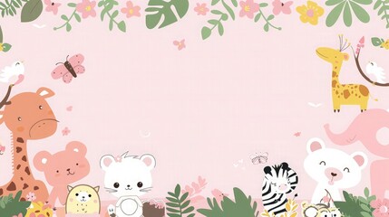 Fototapeta premium Pink white Playful Cute Animal Sticker Page Border.