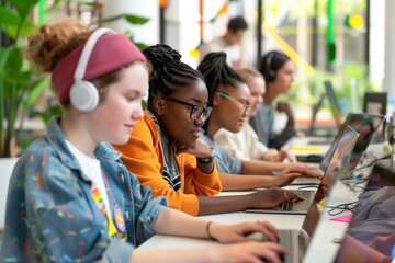 Diverse Young Woman Focus Coding at Laptop in Programming Workshop, Women Empowerment in Tech