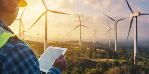 Engineer using digital tablet monitoring system at wind turbine farm