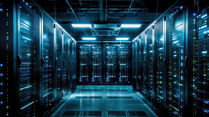 Server room network hub showing information technology infrastructure