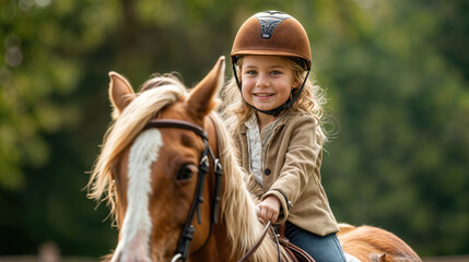 Young girl wearing equestrian helmet smiling while riding horse