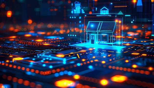 Next-generation AI in Real Estate Finance, real estate investment concept. Feature AI-driven tools for analyzing mortgage loans, home insurance plans, property market trends, managing business aspects