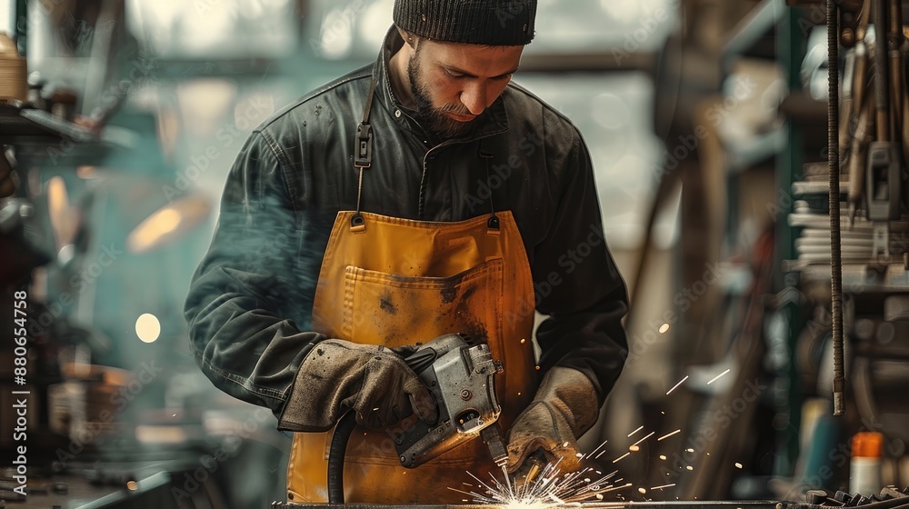 Poster A men while working at a workshop with welding tool. Generative AI.