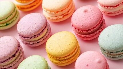 delicious pink guava macarons with creamy filling, surrounded by fresh guava halves and tropical leaves on a pink background