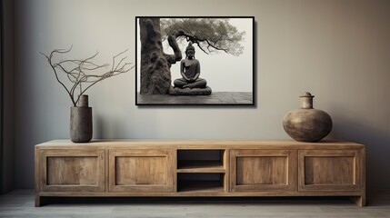 Minimalist living room interior with wooden cabinet and a framed picture of Buddha.