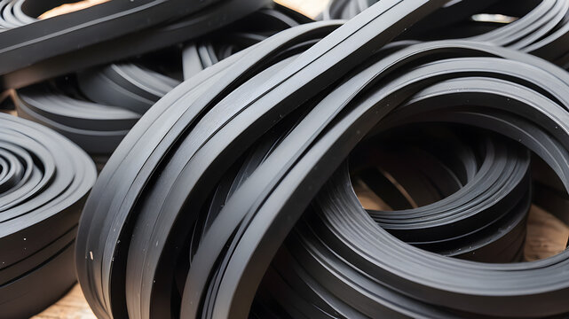 Close-up rubber sealing strips for waterproof doors. A pile of rubber twisted into rolls. Generative AI
