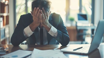 Stress, burnout, and deadline concept. Frustrated and tired businessman with mental health overworked, looking depressed after a bad business meeting or financial plan go down the hill.