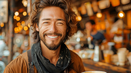 Authentic Happiness - Close-up of a Cheerful Person Smiling with Coffee Cup in Hand i