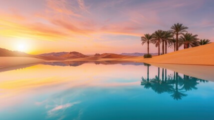 Desert oasis at sunset: A tranquil pool of water surrounded by palm trees and golden sand dunes, with the sky painted in shades of orange and pink.