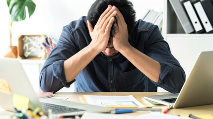 Stress, burnout, and deadline concept. Frustrated and tired businessman with mental health overworked, looking depressed after a bad business meeting or financial plan go down the hill.
