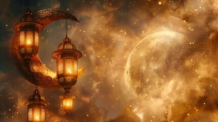 Beautiful crescent moon with lanterns against a starry sky