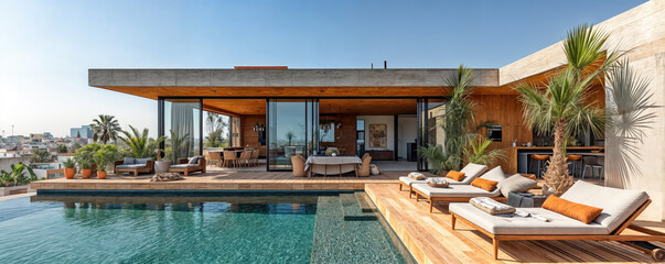Fototapeta premium Modern open plan home with infinity pool overlooking city