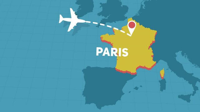 airplane trip flight to Paris in France over map of Europe - motion graphics animation