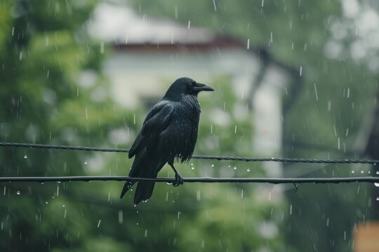 Black crow is standing on a wire in the rain on a gloomy day