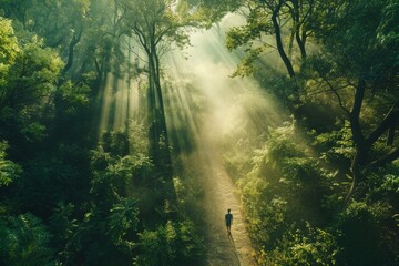 An aerial view of a person walking along a path through a lush, green forest, with sunlight streaming through the canopy