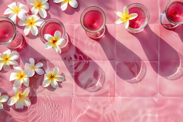 Pink cocktails in martini glasses float in a shallow pool with vibrant pink tiles. Plumeria blossoms adorn the surface of the water