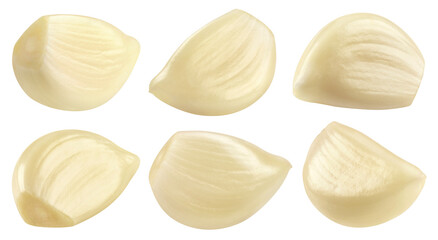 Garlic isolated set. Collection of garlic cloves isolated on a transparent background, from different angles.