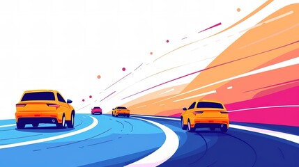 Abstract illustration of cars racing on a colorful track.